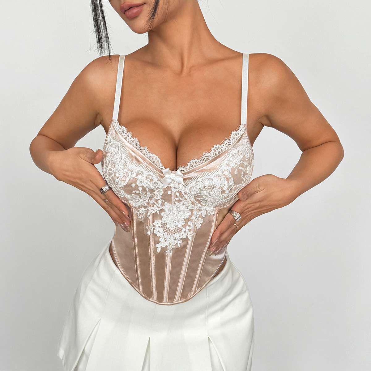 Elegant Womens Lace Corset Top Floral Slim Tank Top Bridal Lingerie Bustier